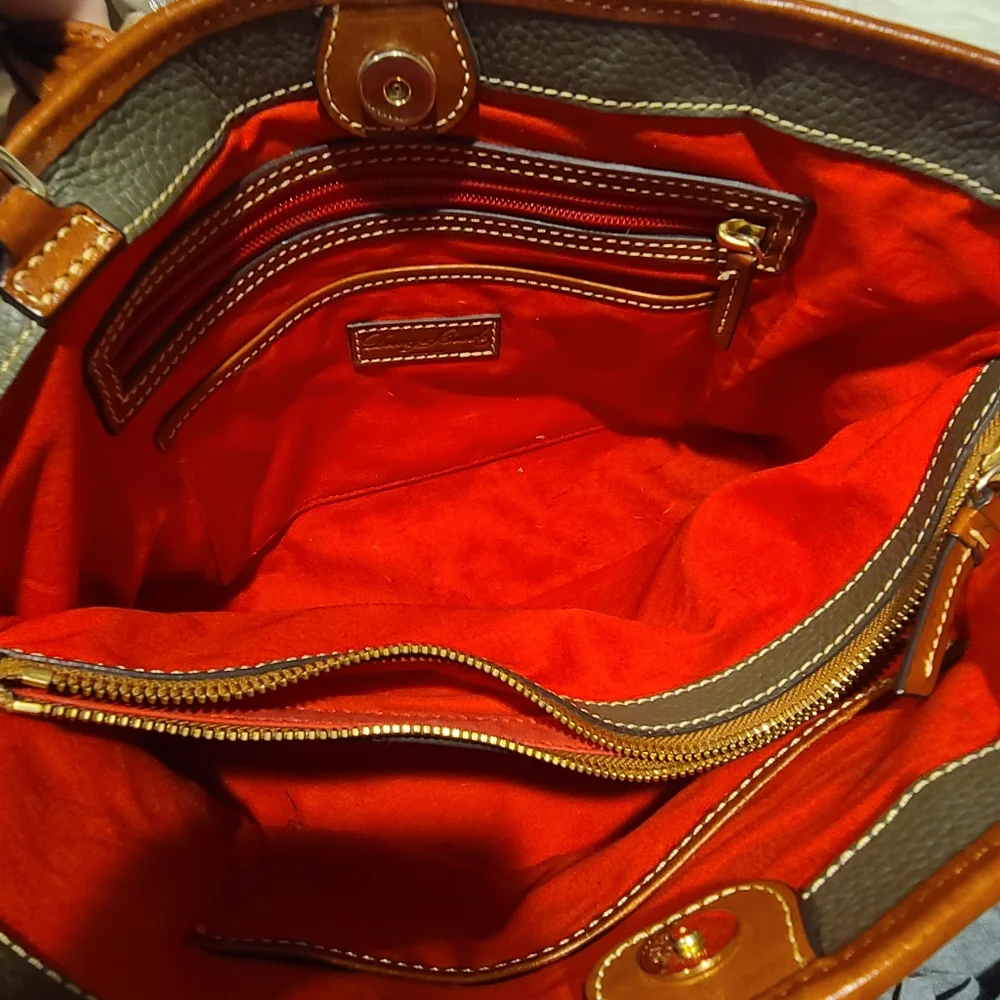 Dooney & Bourke Olive Green Pebbled Leather Tote with Brown Trim - Picture 2 of 4